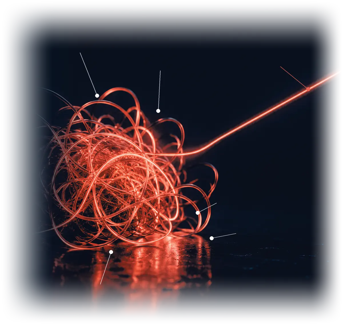 A tangled ball of glowing wire (messengers, spreadsheets, calls, paperwork, knowledge in someone’s head) pulled out into one straight line: one system